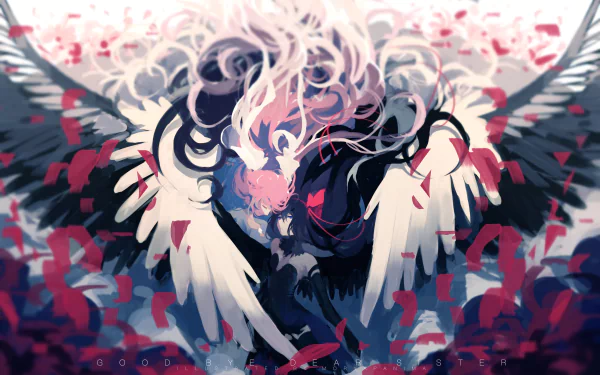 4K Ultra HD anime wallpaper featuring Homura Akuma, Homura Akemi, Ultimate Madoka, and Madoka Kaname from Puella Magi Madoka Magica with dynamic wings and rose petals.