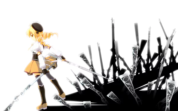 HD PC desktop anime wallpaper of Puella Magi Madoka Magica: Mami Tomoe strides left, wielding a rifle as ornate gun barrels and black shards fan out against a stark white background.