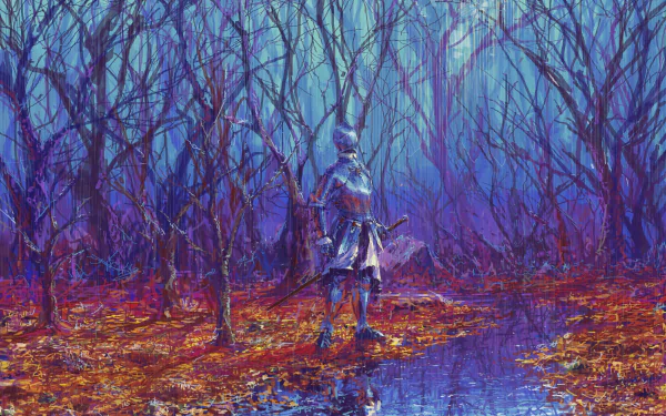 A fantasy warrior in armor stands in a colorful rain-soaked forest near a stream. The scene is vibrant and mystical. HD desktop wallpaper and background.