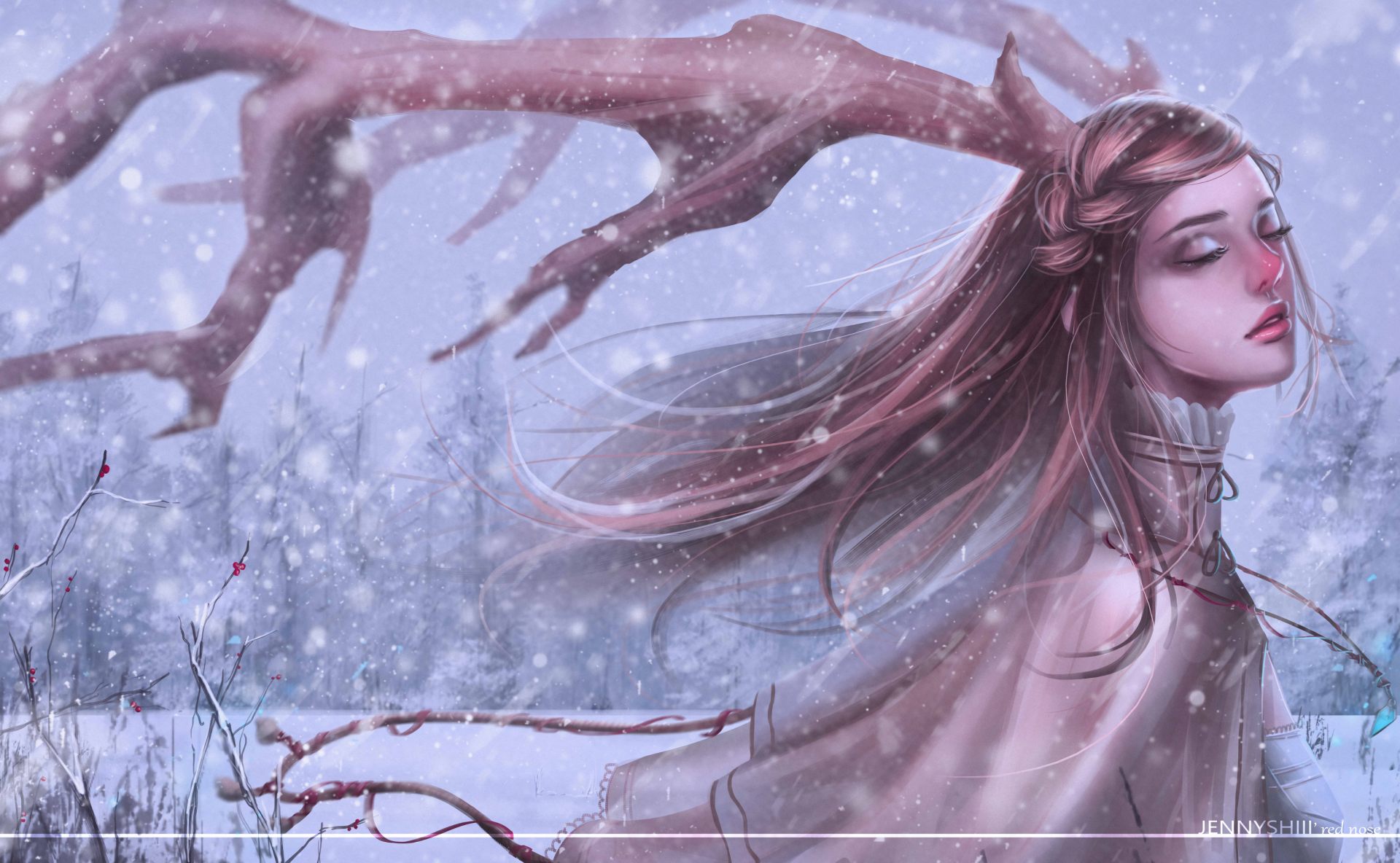 Fantasy-themed HD PC desktop wallpaper featuring a serene woman with flowing hair in a snowy, mystical forest setting.