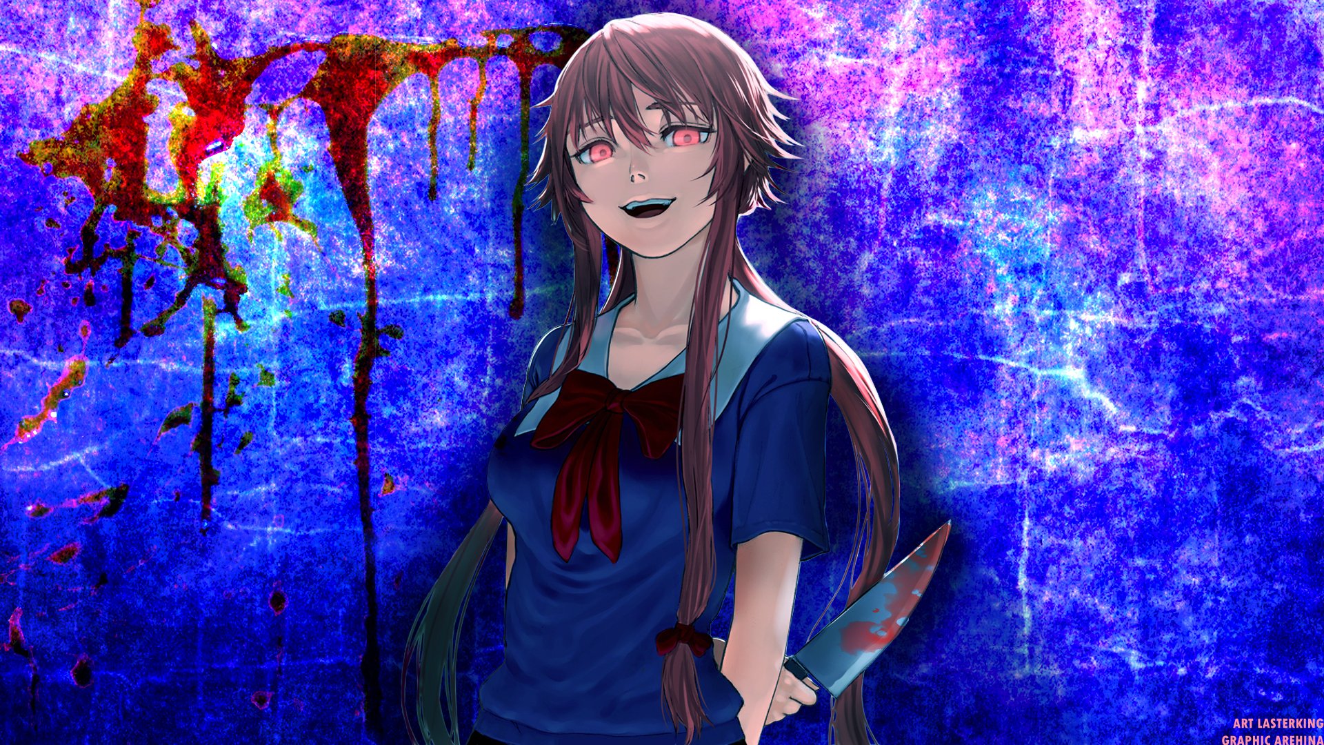 HD desktop wallpaper of Yuno Gasai from the anime Mirai Nikki, featuring her with red eyes, long hair, and a knife in her hand, against a vibrant, textured background splattered with colorful paints.