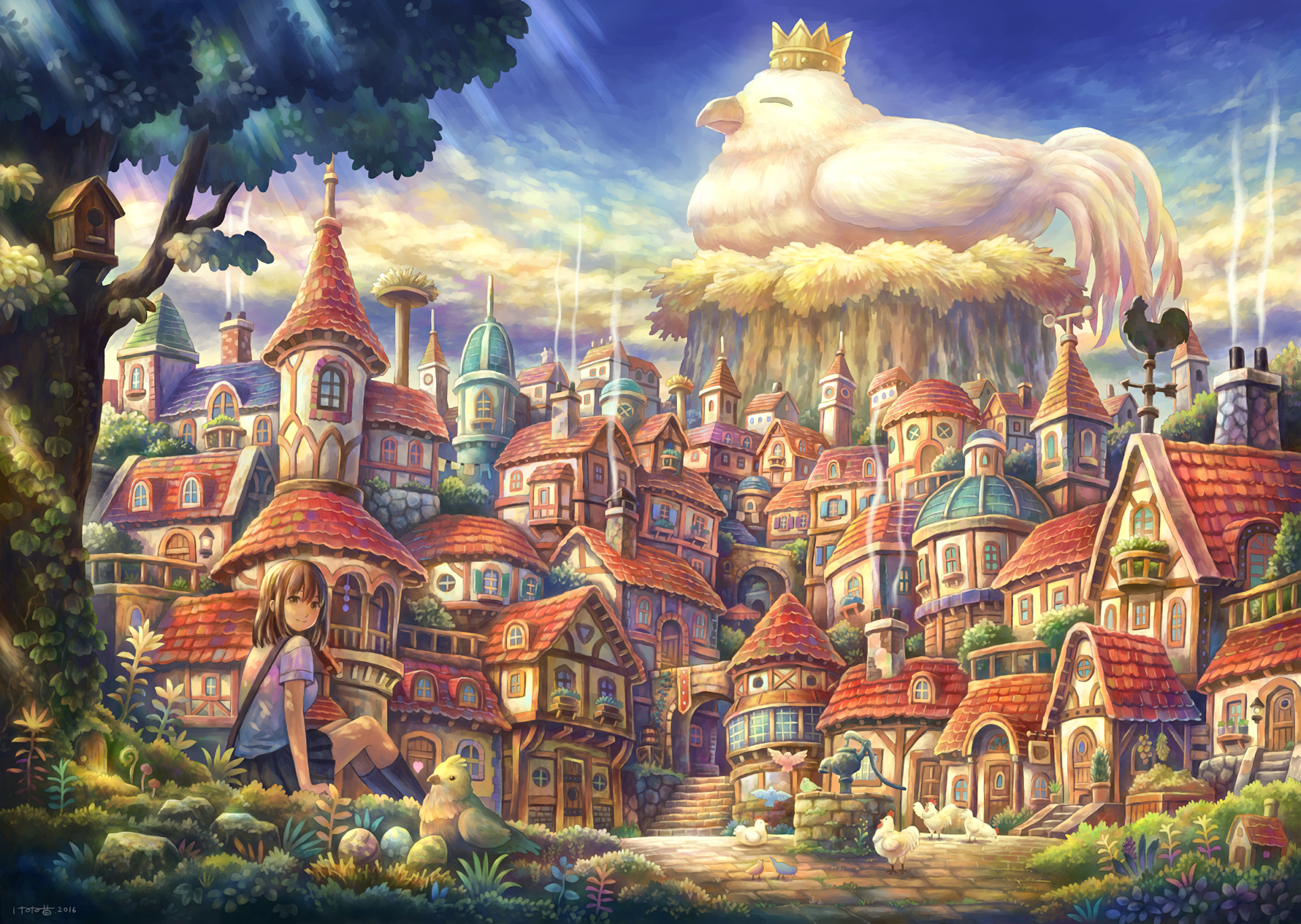 Anime-style HD desktop wallpaper featuring a giant white chicken bird overseeing a whimsical original village with colorful rooftops and a peaceful, fantastical atmosphere.