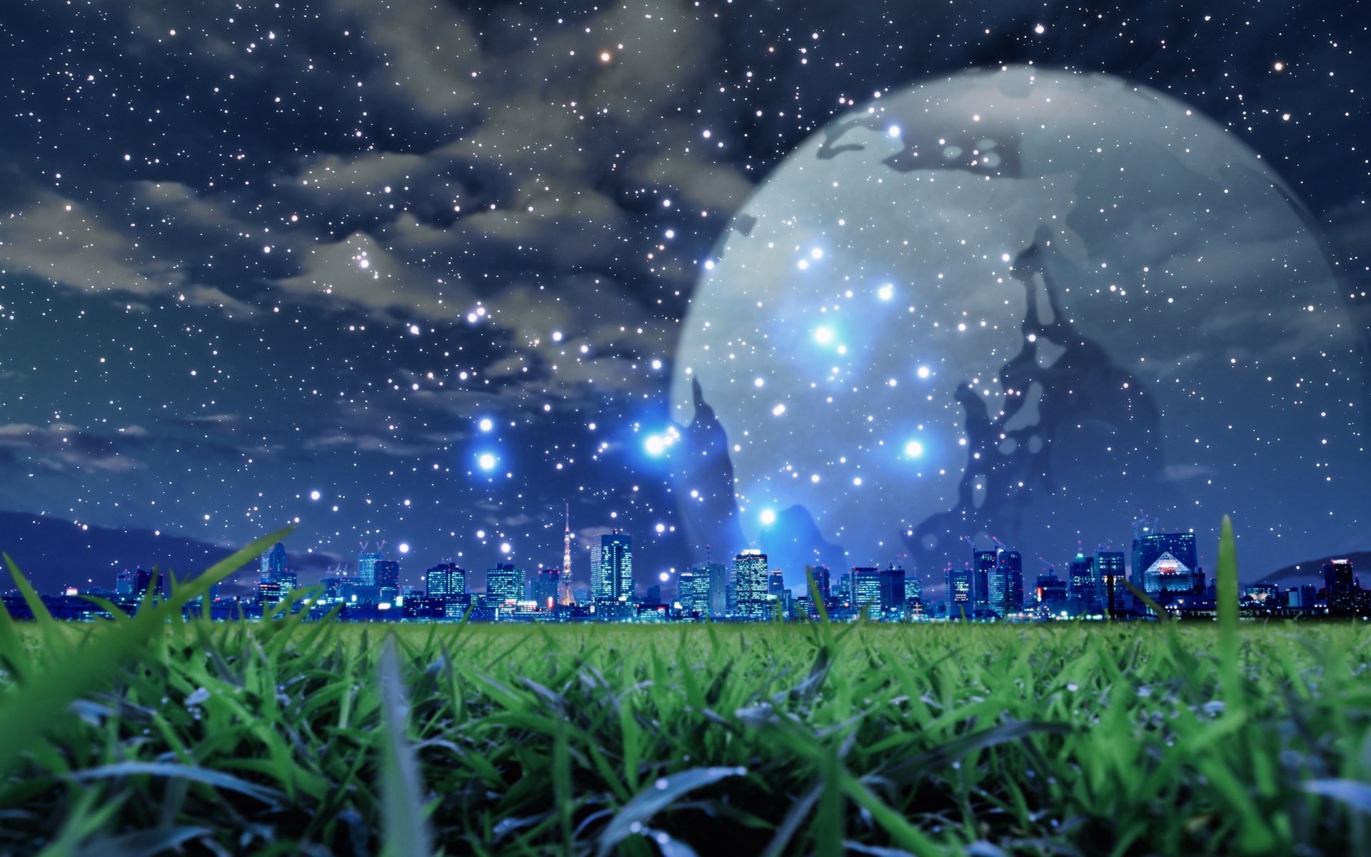 A vibrant artistic depiction of a city under a starlit sky, featuring a large moon and magical elements, serving as an inspiring HD desktop wallpaper and background.