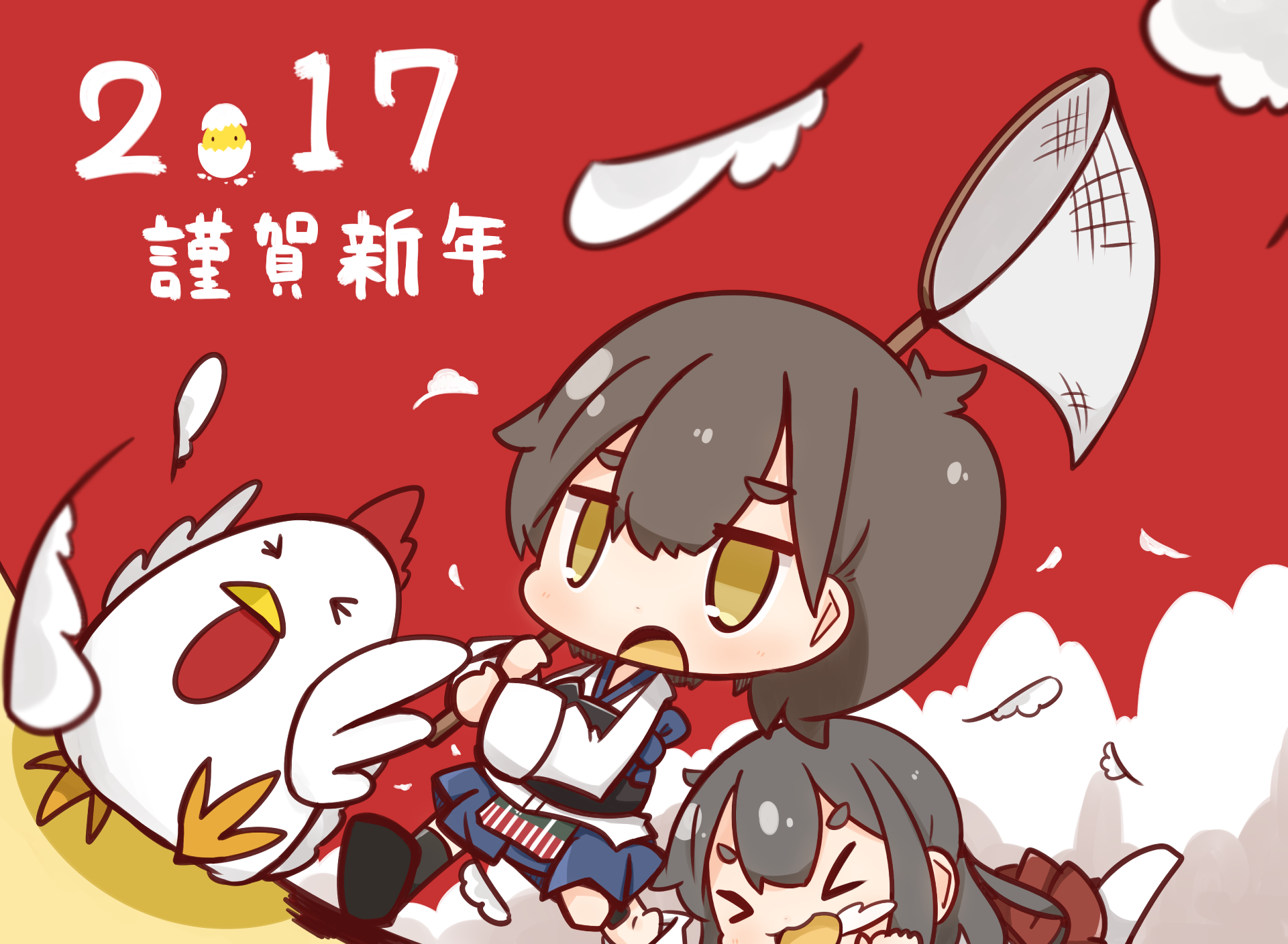 Chibi Kaga and Akagi from Kantai Collection anime play with a squawking chicken on a red backdrop — HD PC Desktop Wallpaper and Background with New Year accents
