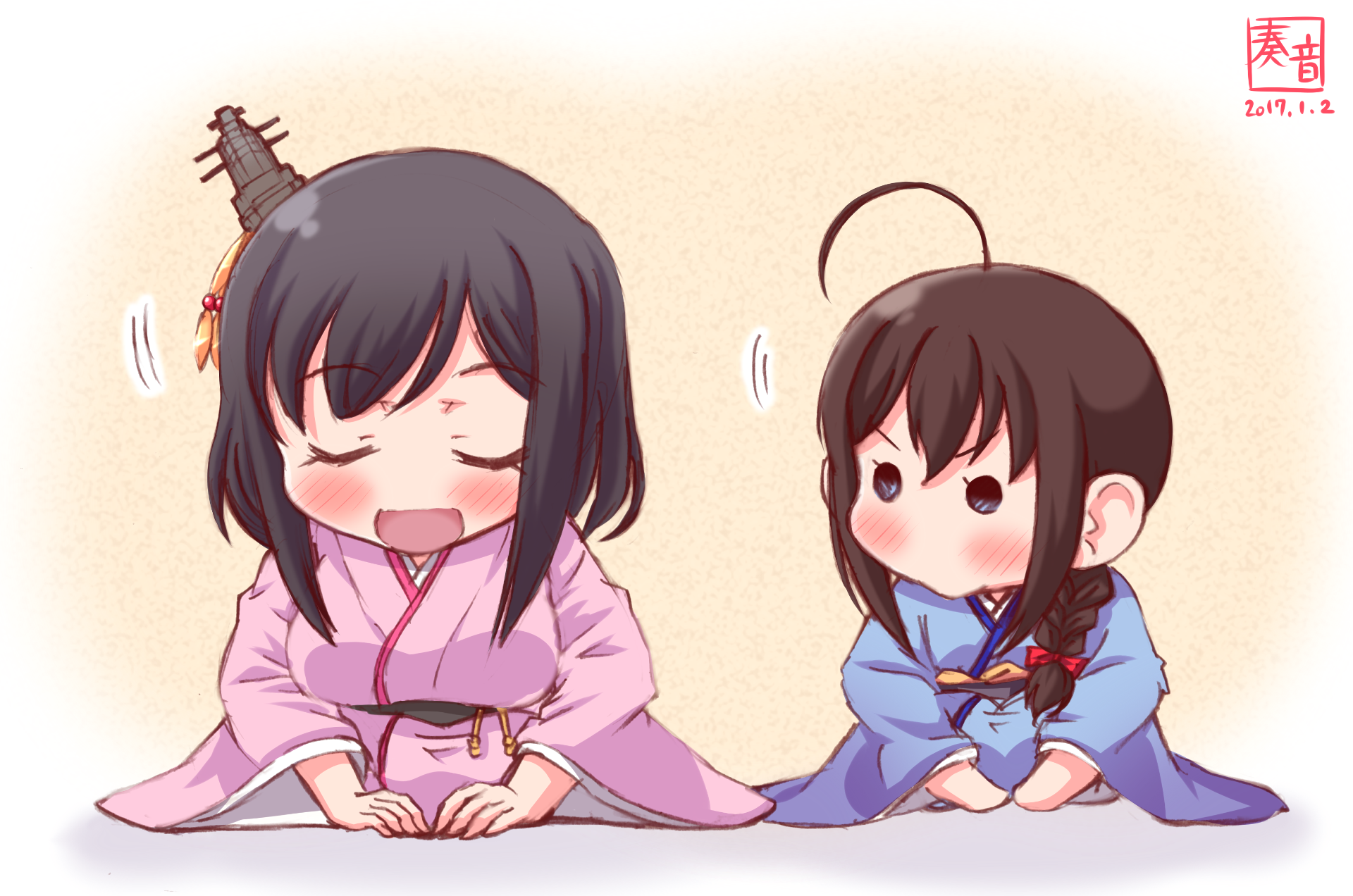Chibi-style Shigure (Kancolle) and Yamashiro (Kancolle) in kimono, adorable pastel anime scene — HD PC desktop wallpaper/background from Kantai Collection.