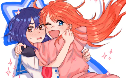 Kokona and Papika from Flip Flappers embrace, Papika grinning while Kokona blushes amid pink sparkles and a blue star — anime HD PC desktop wallpaper background.