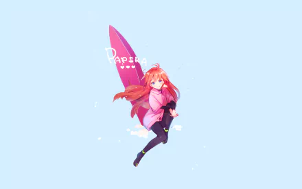Papika (Flip Flappers) in anime style, floating mid-air clutching a pink board, red hair and pink outfit against a pale blue background — HD PC desktop wallpaper.