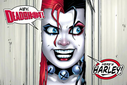 HD comic-style desktop wallpaper featuring Harley Quinn peeking through a door with a mischievous grin, accompanied by speech bubbles saying Hey, Deadshot! and Here's Harley!