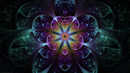 A vibrant HD PC desktop wallpaper featuring an abstract fractal design in turquoise and purple hues, radiating intricate, symmetrical patterns from the center.