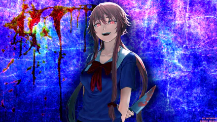 HD desktop wallpaper of Yuno Gasai from the anime Mirai Nikki, featuring her with red eyes, long hair, and a knife in her hand, against a vibrant, textured background splattered with colorful paints.