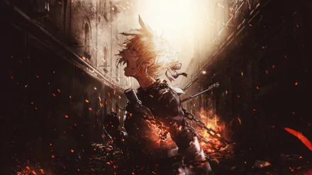 HD wallpaper featuring Saber from Fate/Stay Night in an intense, fiery backdrop, showcasing the character's fierce determination in a battle-worn landscape.