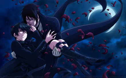 HD PC desktop wallpaper featuring anime characters from Black Butler with dark, moody tones, floating amidst rose petals and a crescent moon in a night sky.