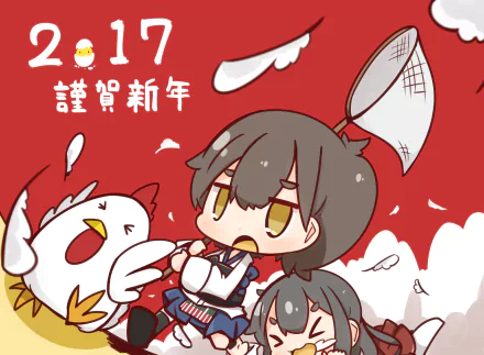 Chibi Kaga and Akagi from Kantai Collection anime play with a squawking chicken on a red backdrop — HD PC Desktop Wallpaper and Background with New Year accents