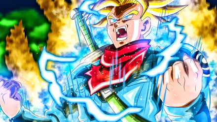 HD desktop wallpaper featuring Trunks from Dragon Ball Super. Trunks is depicted in a powerful stance, surrounded by blue energy and wearing a red scarf, with a determined expression and vibrant background.