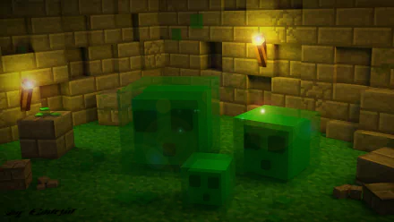 HD desktop wallpaper and background featuring Slime characters from the Minecraft video game, set in a dimly lit stone walled area with torches.