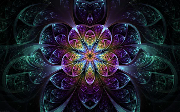 A vibrant HD PC desktop wallpaper featuring an abstract fractal design in turquoise and purple hues, radiating intricate, symmetrical patterns from the center.