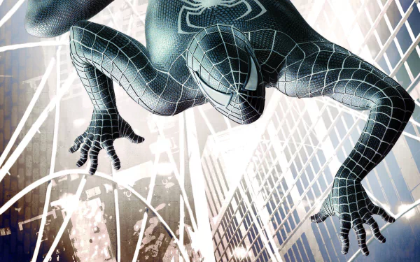 A high-definition desktop wallpaper of Spider-Man in his black suit from the movie Spider-Man 3, swinging through a city background.
