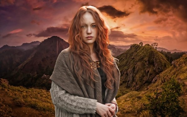 Women Artistic Oil Painting Painting Long Hair Redhead Mountain HD Wallpaper | Background Image