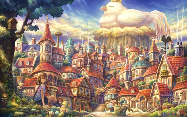 Anime-style HD desktop wallpaper featuring a giant white chicken bird overseeing a whimsical original village with colorful rooftops and a peaceful, fantastical atmosphere.