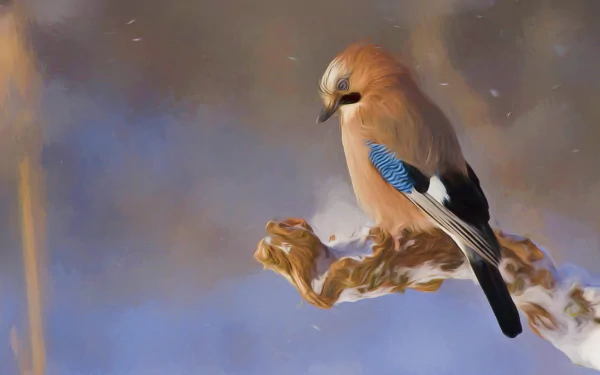 Oil painting of a Eurasian Jay perched on a branch, rendered in rich colors and detailed brushstrokes, captured as a 4K Ultra HD PC desktop wallpaper.