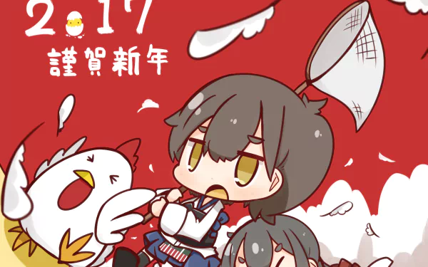 Chibi Kaga and Akagi from Kantai Collection anime play with a squawking chicken on a red backdrop — HD PC Desktop Wallpaper and Background with New Year accents