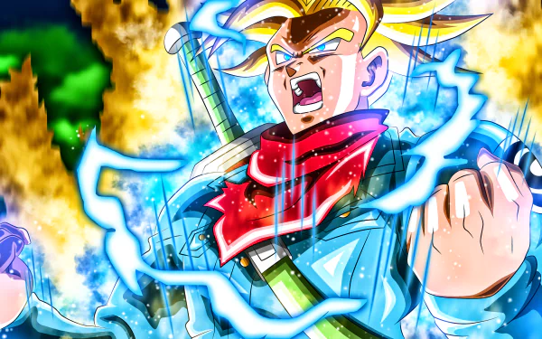 HD desktop wallpaper featuring Trunks from Dragon Ball Super. Trunks is depicted in a powerful stance, surrounded by blue energy and wearing a red scarf, with a determined expression and vibrant background.