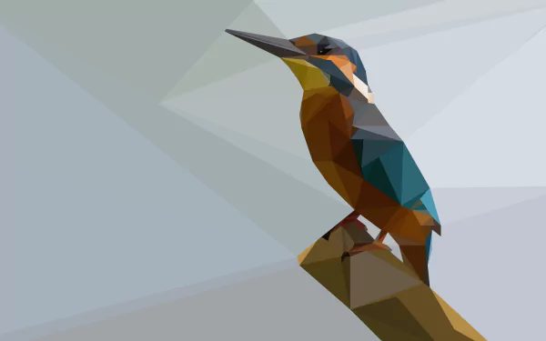 Minimalist low poly kingfisher bird with abstract polygon facets in a 4K Ultra HD desktop wallpaper background.
