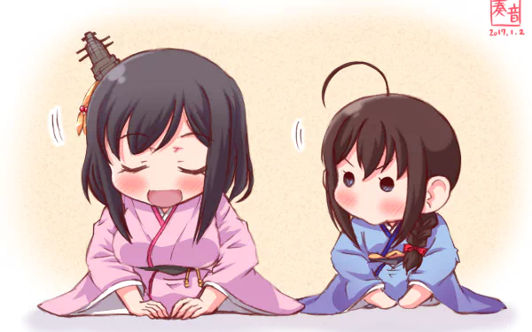 Chibi-style Shigure (Kancolle) and Yamashiro (Kancolle) in kimono, adorable pastel anime scene — HD PC desktop wallpaper/background from Kantai Collection.
