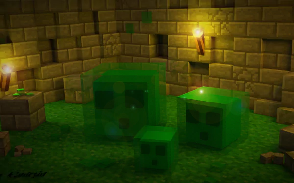 HD desktop wallpaper and background featuring Slime characters from the Minecraft video game, set in a dimly lit stone walled area with torches.