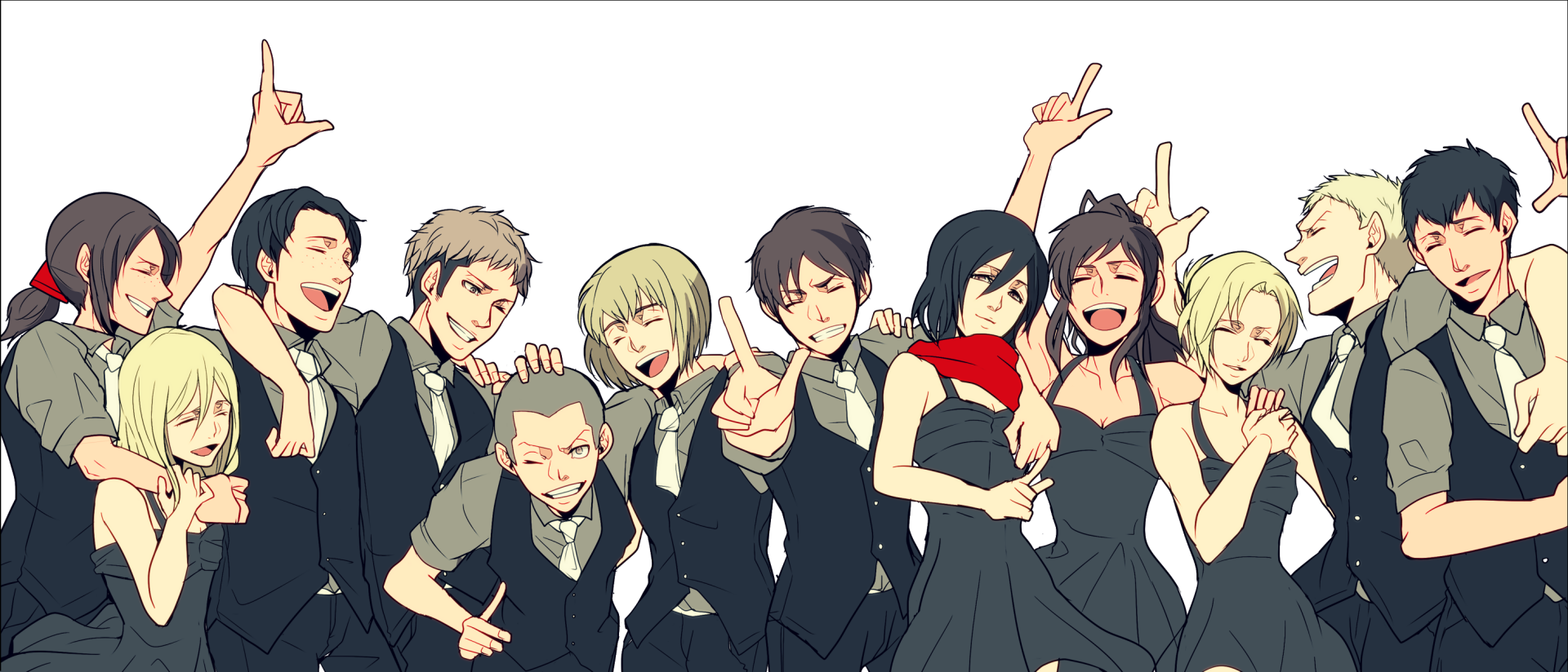 HD desktop wallpaper featuring Attack on Titan characters Ymir, Sasha, Reiner, Mikasa, Marco, Jean, Eren, Connie, Historia, Bertholdt, Armin, and Annie in elegant black attire.