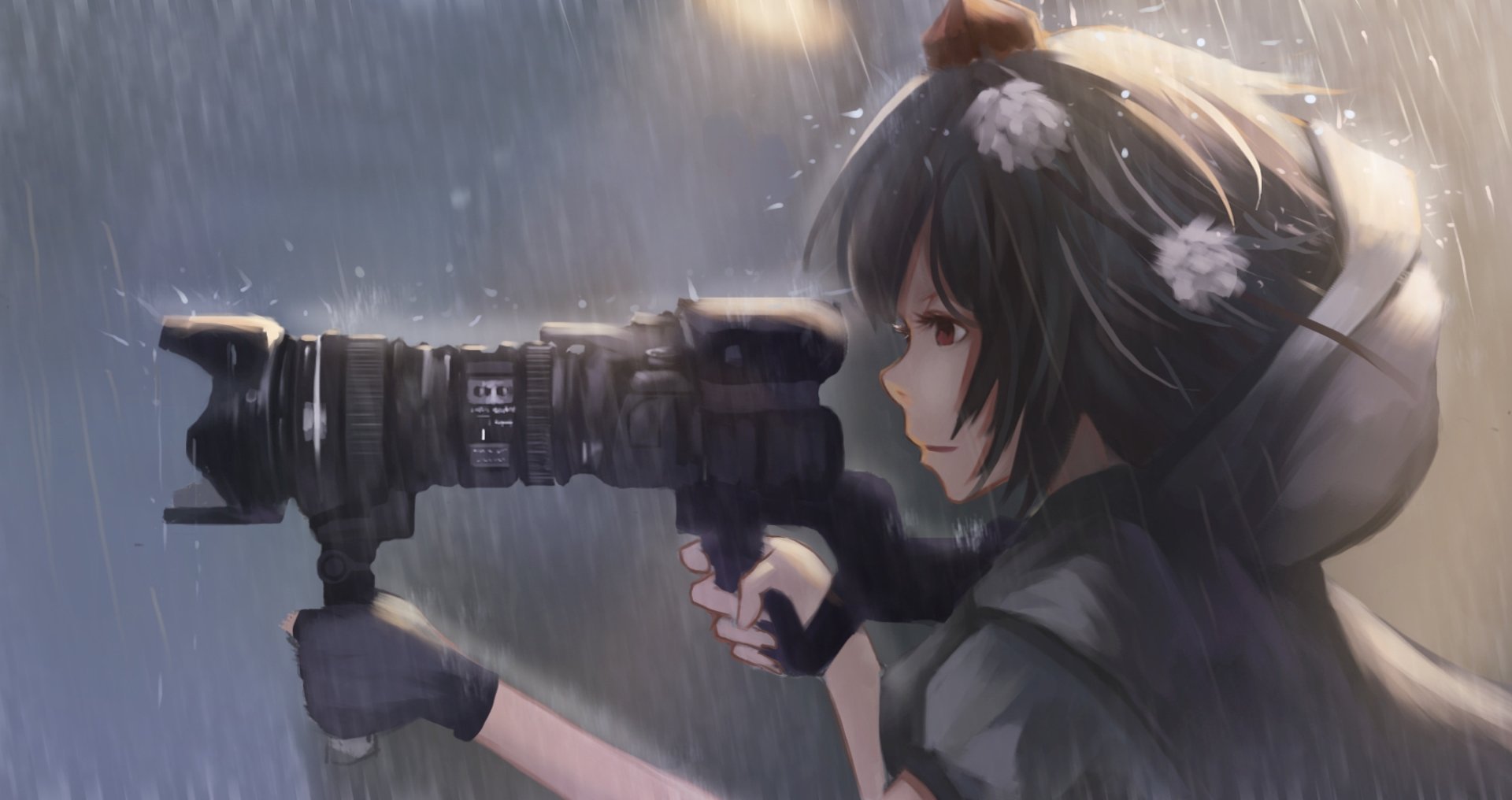 Aya Shameimaru, an anime character from Touhou, stands in the rain, holding a camera. This HD desktop wallpaper captures her dynamic pose and moody atmosphere.