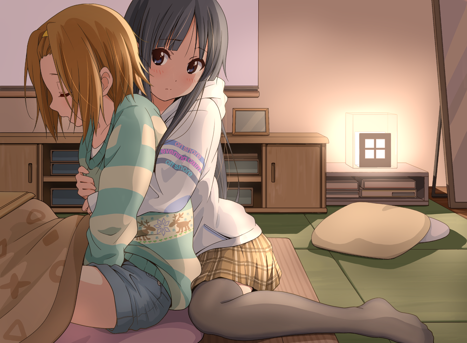 Ritsu Tainaka and Mio Akiyama from the anime K-ON! are sitting together in a cozy room, creating a warm and comforting HD desktop wallpaper and background.