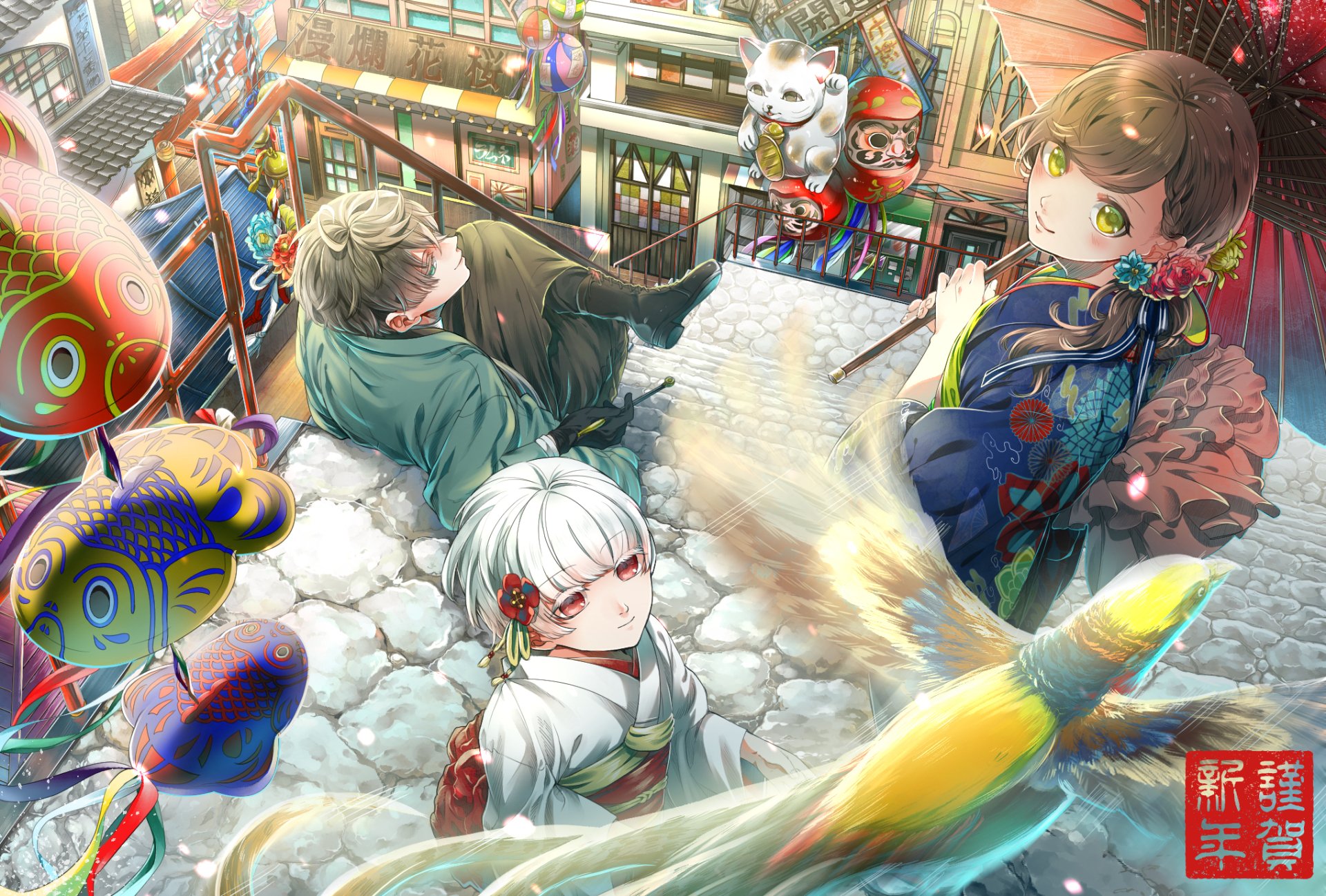 HD anime original artwork featuring three characters in a vibrant, detailed scene filled with colorful lanterns and traditional Japanese elements, designed as a PC desktop wallpaper.