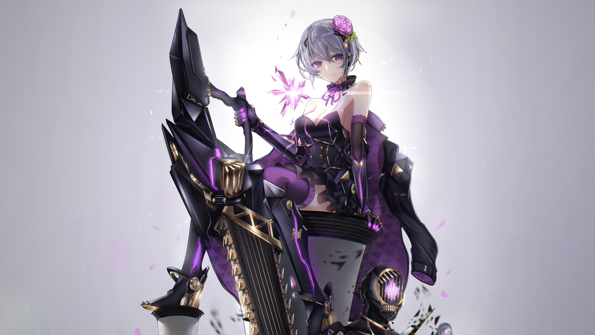 Anime-style original character with short silver hair and purple outfit, holding a large futuristic weapon, set against a clean background in HD PC desktop wallpaper quality.