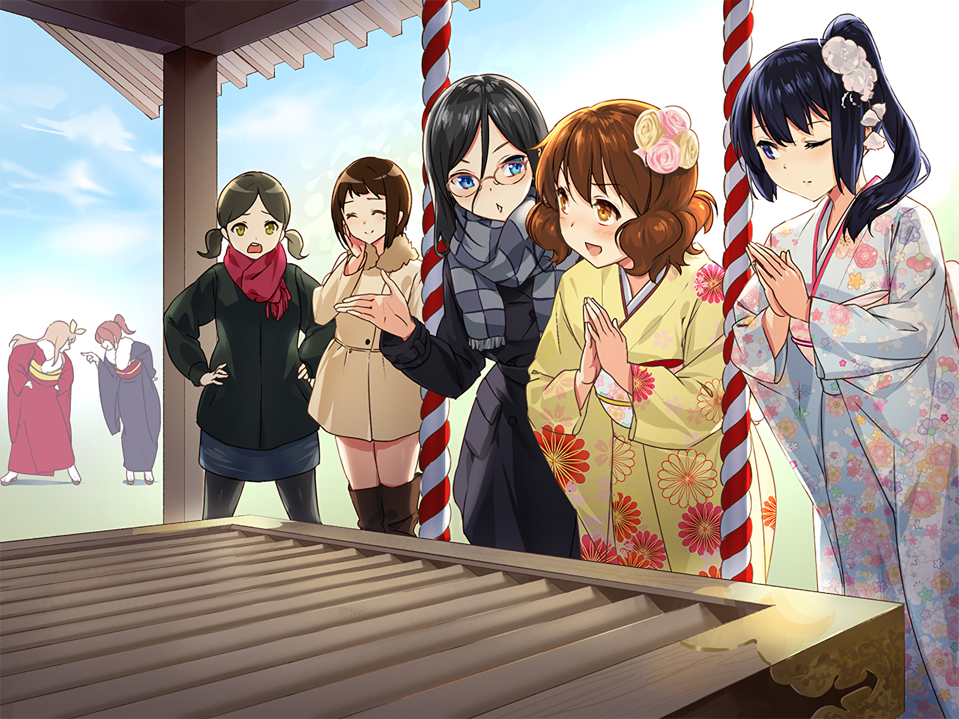 HD anime desktop wallpaper featuring Reina Kousaka and Kumiko Oumae from Sound! Euphonium, dressed in traditional attire at a shrine with clear blue sky background.