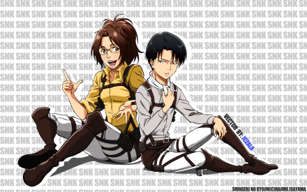 HD PC desktop wallpaper featuring anime characters Hange Zoë and Levi Ackerman from Attack on Titan, both in their Survey Corps uniforms with confident poses.