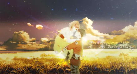 HD PC desktop wallpaper of Attack on Titan anime: Petra Ral cradled by Levi Ackerman in a glowing sunset field, warm light and a starry sky background.