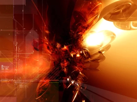 HD desktop wallpaper featuring an abstract design with intricate shapes, textures, and patterns. Dominated by vibrant red and warm tones, the image creates a dynamic and visually compelling background.