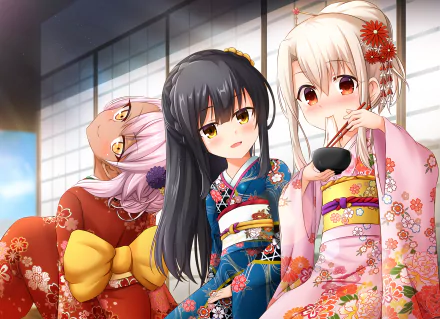 HD desktop wallpaper of an anime scene from Fate/kaleid liner Prisma Illya, featuring three characters in colorful, floral kimonos, standing in front of a traditional shoji screen.