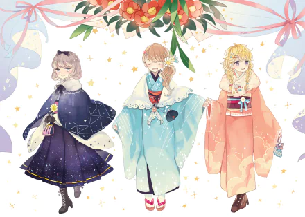 Anime original HD PC desktop wallpaper showing three anime-style characters in pastel kimonos and capes beneath a floral garland on a soft, starry background.