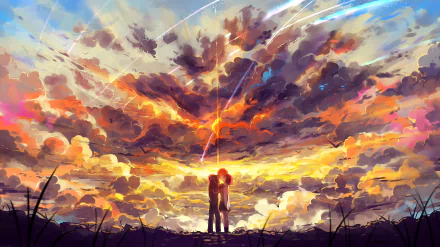 HD desktop wallpaper featuring Mitsuha Miyamizu and Taki Tachibana from the anime Your Name. standing together under a breathtakingly vivid sunset sky with scattered clouds and streaks of light.