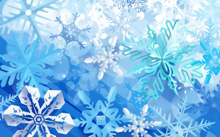 An artistic HD wallpaper featuring an array of intricate snowflakes in various shades of blue, creating a serene and wintery atmosphere.