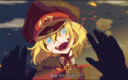 HD desktop wallpaper featuring Tanya Degurechaff from the anime Youjo Senki, with a dramatic expression amidst a war-torn background and the caption War it's so fun !!!