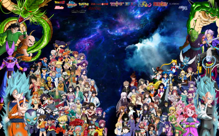 HD desktop wallpaper featuring a colorful anime crossover with numerous characters from different series, set against a vibrant cosmic background with stars and swirls.