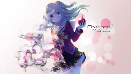 HD desktop wallpaper featuring Nao Tomori from the anime Charlotte, holding an apple with a dreamy, ethereal background and light bokeh effect. Text: Charlotte, edit by sinalululabstract.