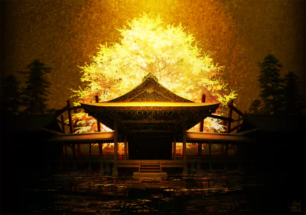 Anime-style HD PC desktop wallpaper: a silhouetted temple reflected in water with a radiant golden tree glowing behind it, warm amber light and distant pine silhouettes.