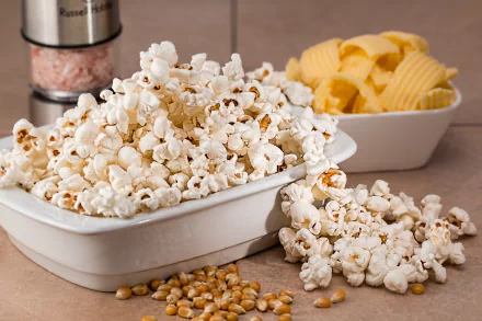 Close-up of a white dish filled with popcorn, with some popped kernels spilling out, a pepper grinder, and a bowl of ridged potato chips in the background, in 4K Ultra HD quality.