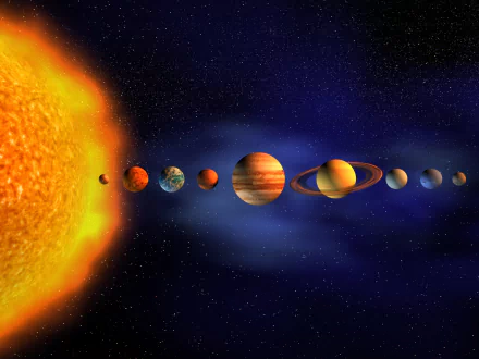 HD Sci-Fi desktop wallpaper depicting the Solar System's planets aligned against a space backdrop. The Sun is prominently displayed on the left.