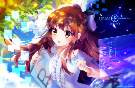 HD desktop wallpaper featuring Rin from the anime Shelter. The image showcases Rin against a vibrant background, blending natural and digital elements. Text reads Porter Robinson & Madeon, Shelter.