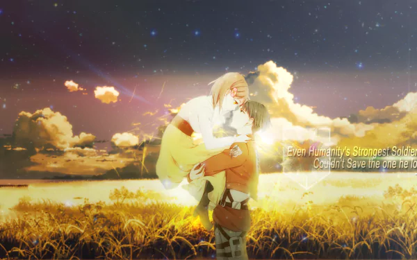 HD PC desktop wallpaper of Attack on Titan anime: Petra Ral cradled by Levi Ackerman in a glowing sunset field, warm light and a starry sky background.
